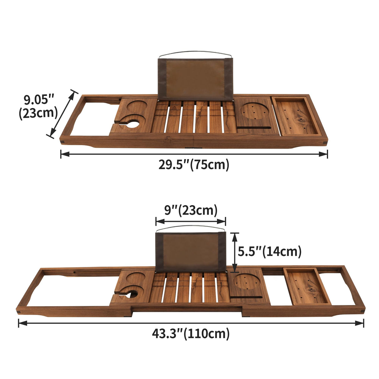 VaeFae Teak Bathtub Tray, Expandable Wooden Bath Tray for Tub with Wine and Book Holder, Solid Bathroom Caddy with Free Teak Body Brush VaeFae