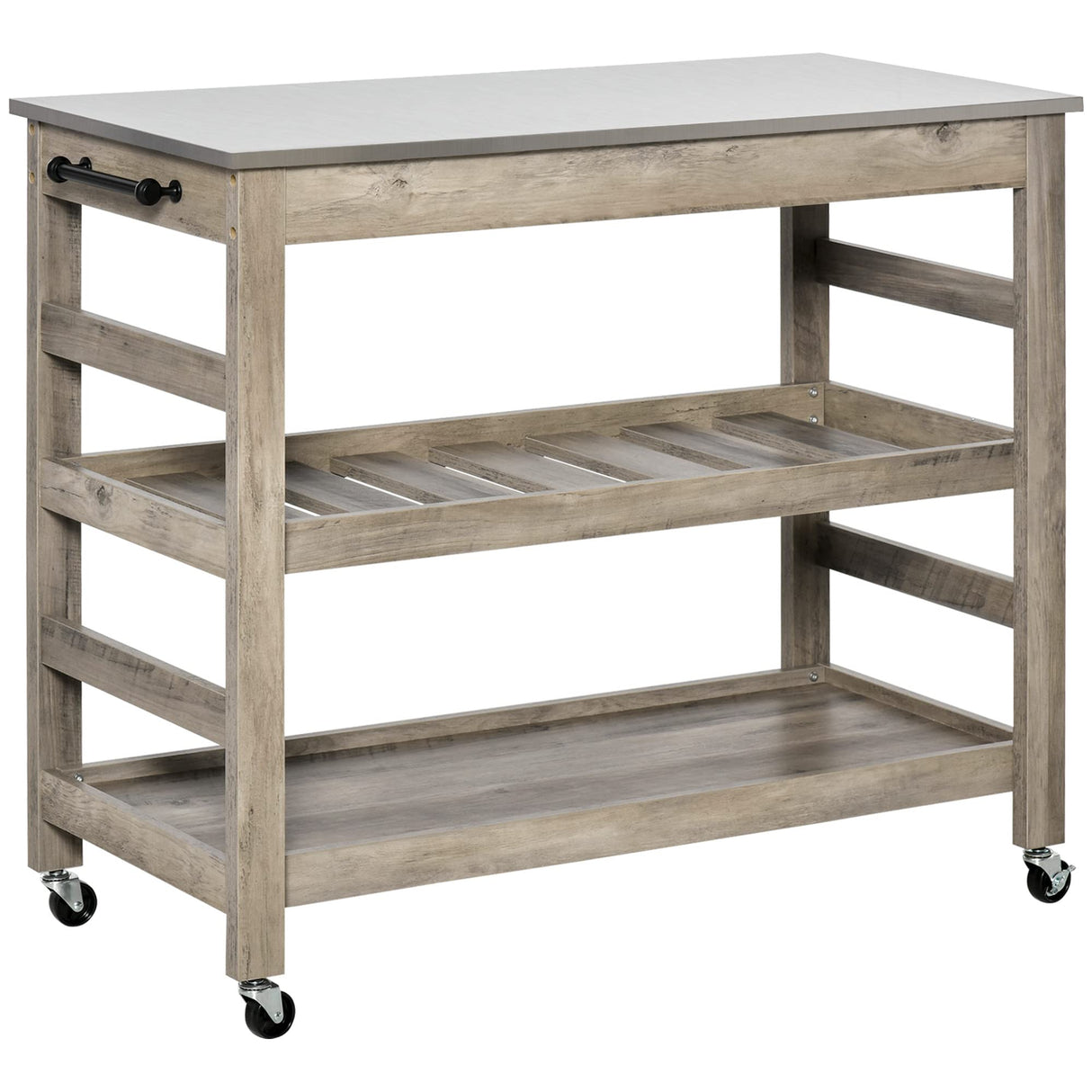 HOMCOM Rolling Kitchen Cart with Stainless Steel Countertop, 1 Bottom Shelf, 1 Slotted Middle Shelf and 4 Castor Wheels, Grey HOMCOM