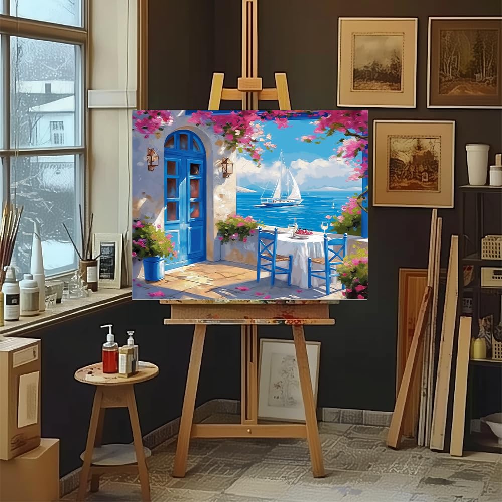 Natuyalo Paint by Numbers Kit for Adults Beginners, 16" Wx20 L Canvas Pictures Drawing Acrylic Paintwork with 3 Pcs Paintbrushes, Seaside Cityscape Natuyalo