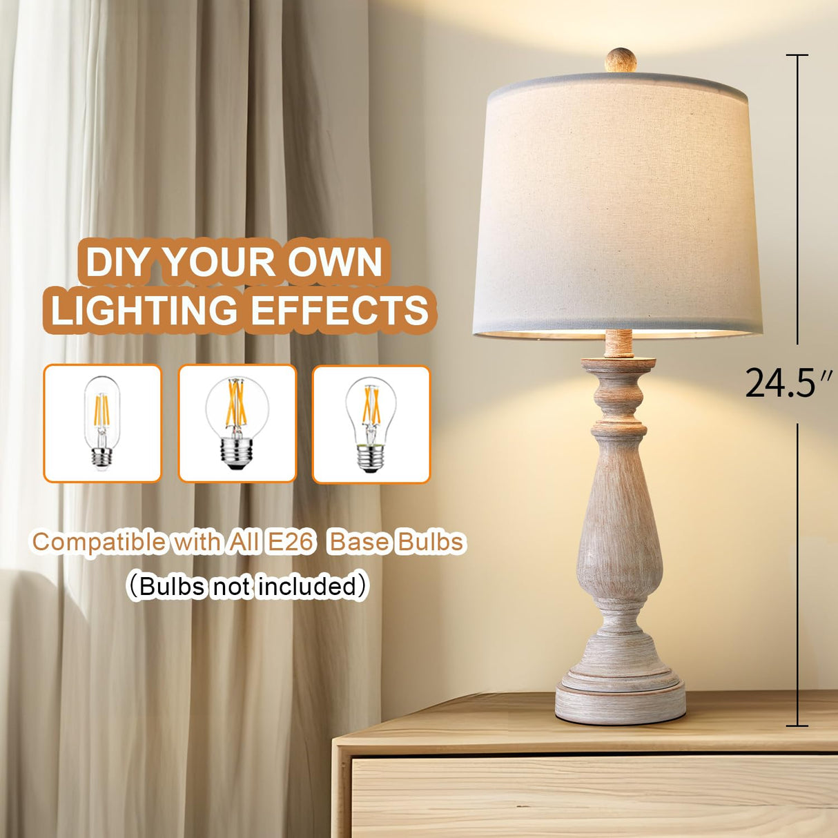 PORTRES 24.5" Mid Century Single Table Lamp for Living Room Farmhouse Linen Bedside Lamps for Bedroom Kids Room Dorm Office Rustic Lamps for End Table Nigntstand Resin PORTRES