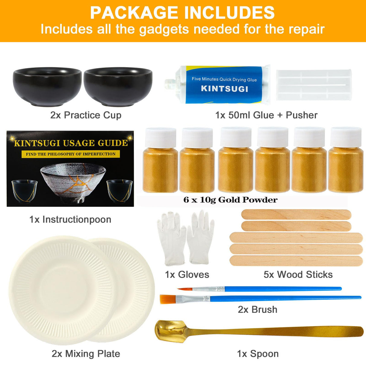 deuvuo Kintsugi Repair Kit Gold, Authentic Kintsugi Repair Kit Bio to Revive Your Broken Ceramic, Pottery, Mug, Bowl, Glass Keepsakes with Ease - Japanese Kintsugi Repair Kit Bio for Beginners deuvuo