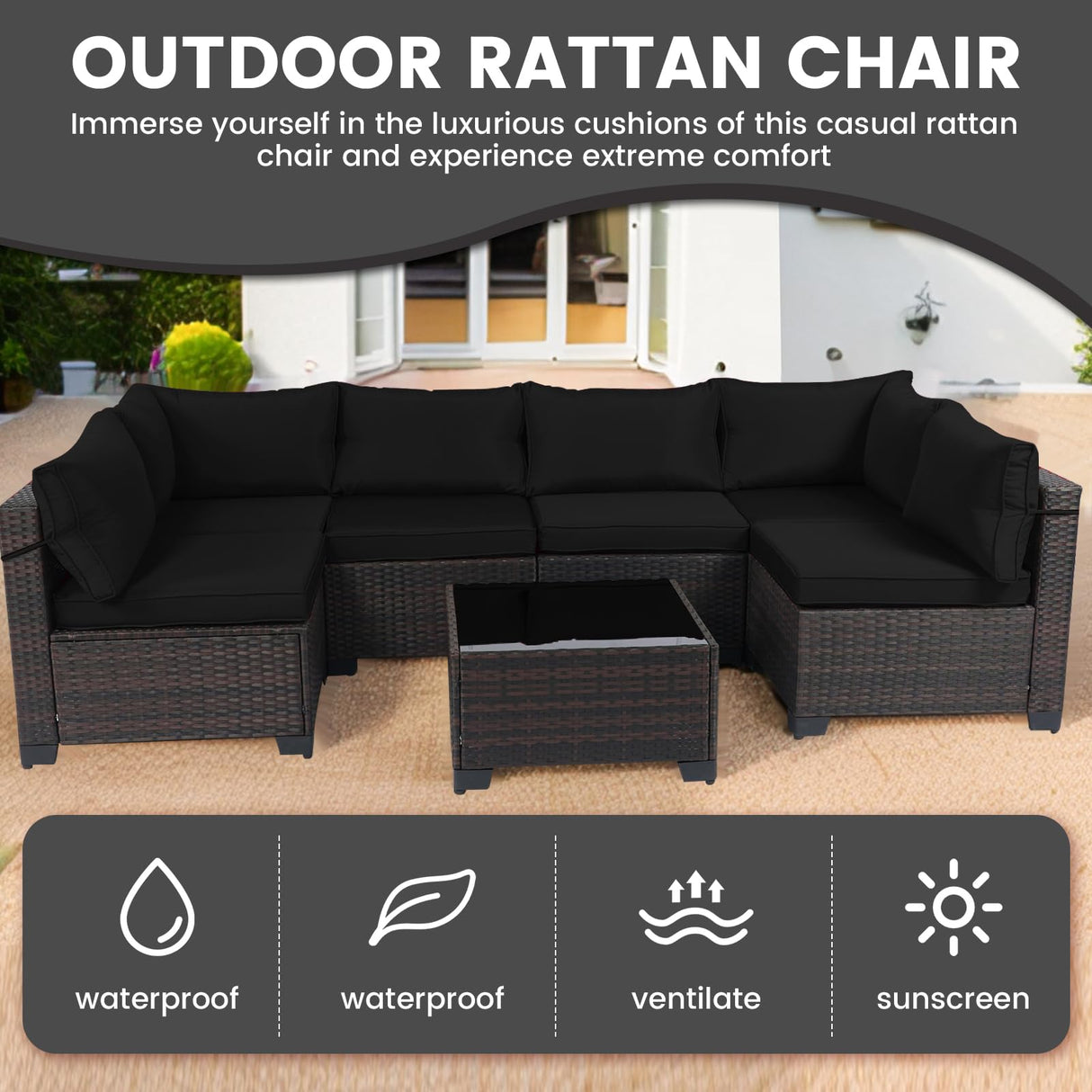 LEVELEVE 7 Pieces Outdoor Patio Furniture Sets,Rattan Conversation Sectional Set,Manual Weaving Wicker Patio Sofa with Tea Table LEVELEVE