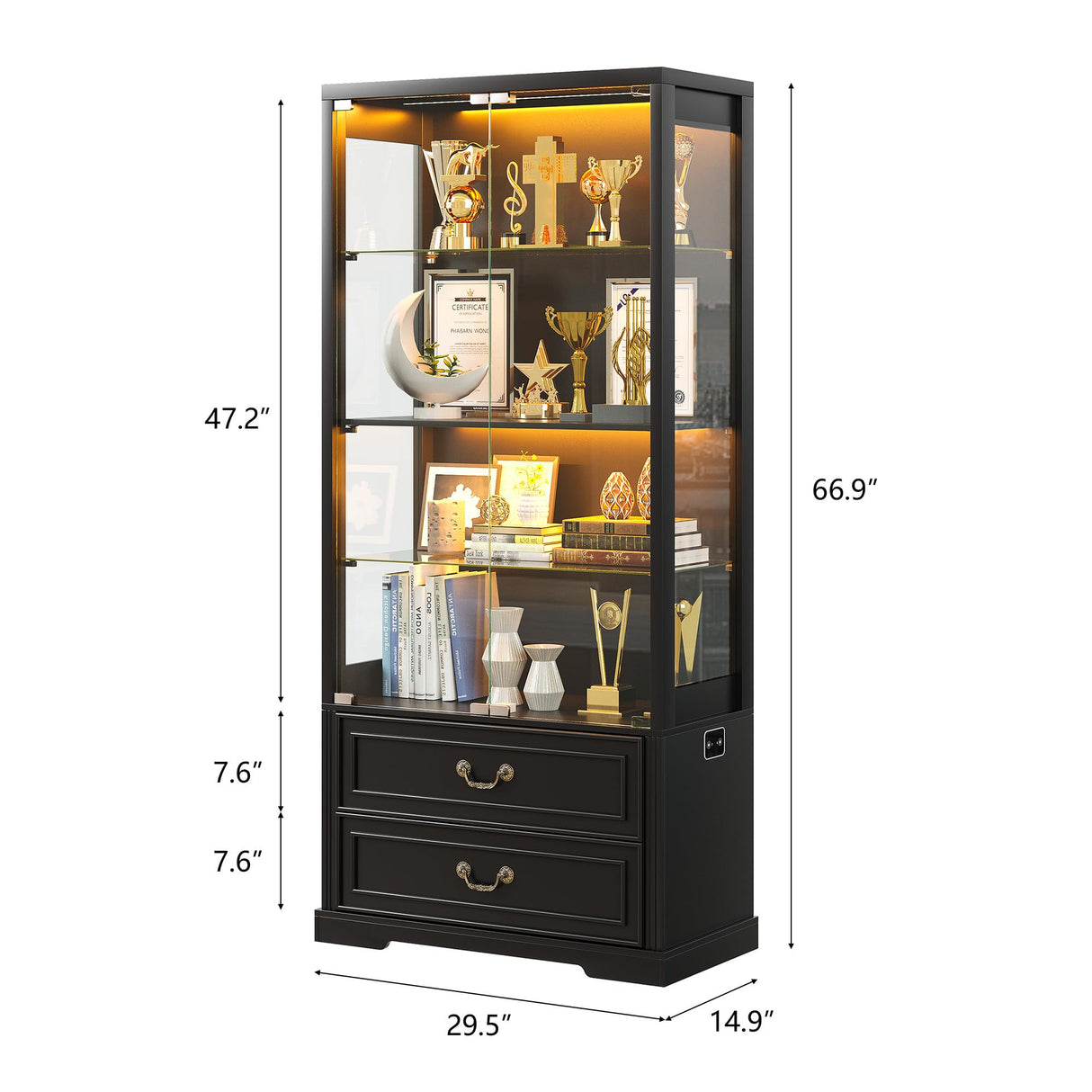 FREDEES Display Cabinet with Glass Doors,67" Adjustable Display Shelf with 2 Drawers and 4 Tier Curio Cabinet,Tall Bookcase with 3 Color Lights and Human Body Sensor for Toys,Books(Black) FREDEES