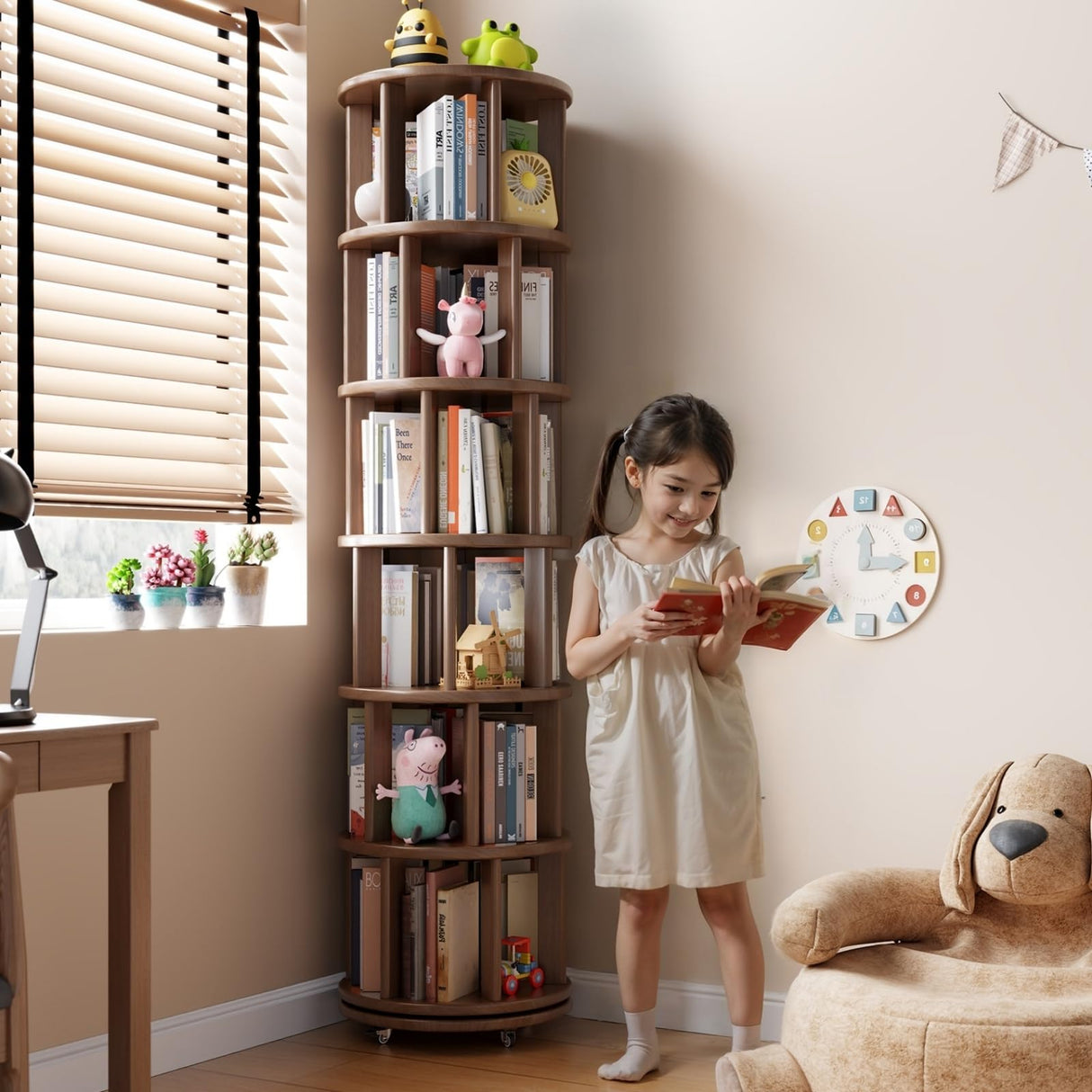 Muwuele Solid Wood Rotating Bookshelf on Wheels, 6 Tier, Round Revolving Bookcase, 360° Spinning Book Shelf Tower for Kids, Narrow Rolling Bookshelves for Small Space, Corner, Bedroom, Office, Walnut Muwuele