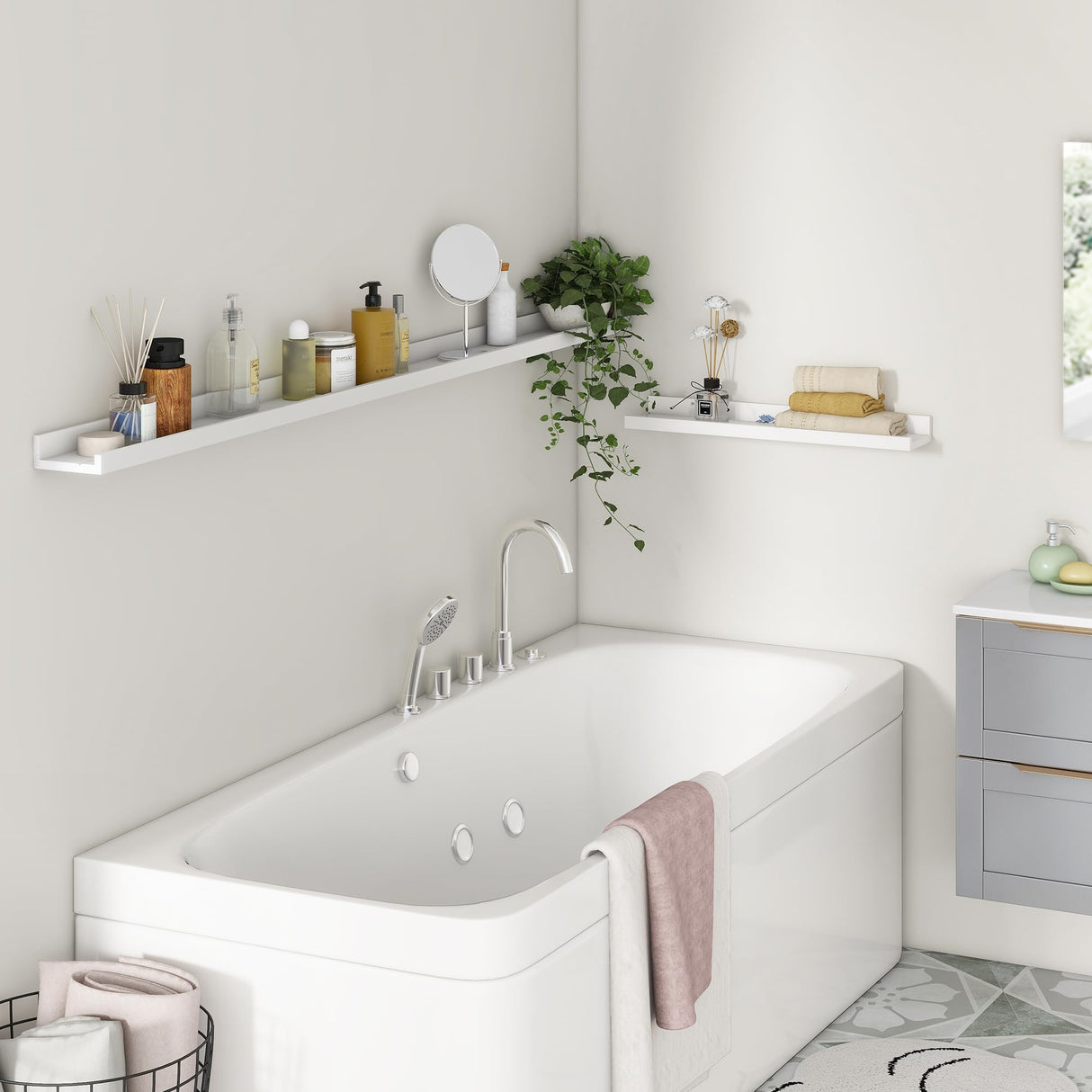 FLYJOE 72'' Solid Pine Wood Floating Picture Ledge Shelf Set of 2 in White for Kids' Room and Home Decor FLYJOE