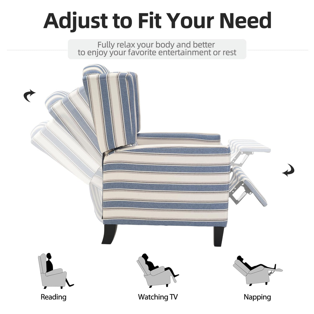 INZOY Wingback Pushback Recliner Chair, Fabric Push Back Recliners with Padded Seat, Mid Century Modern Reclining Chair for Living Room Bedroom, Blue Stripe INZOY