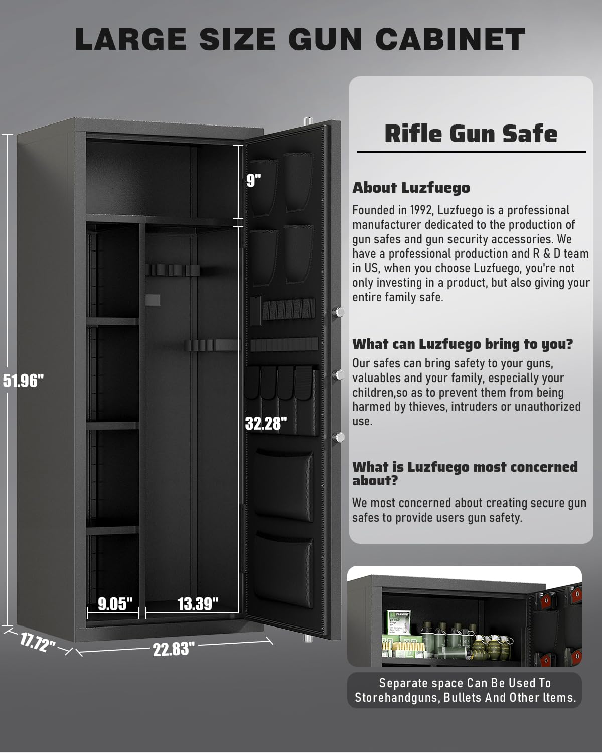 Luzfuego 20-25 Large Gun Safe, Fingerprint Gun Safe for Rifles and Pistols with LCD Keypad & Gun Rack, Unassembled Long Gun Cabinet for Home and Shotguns with Mute Function & Dual Alarm Luzfuego