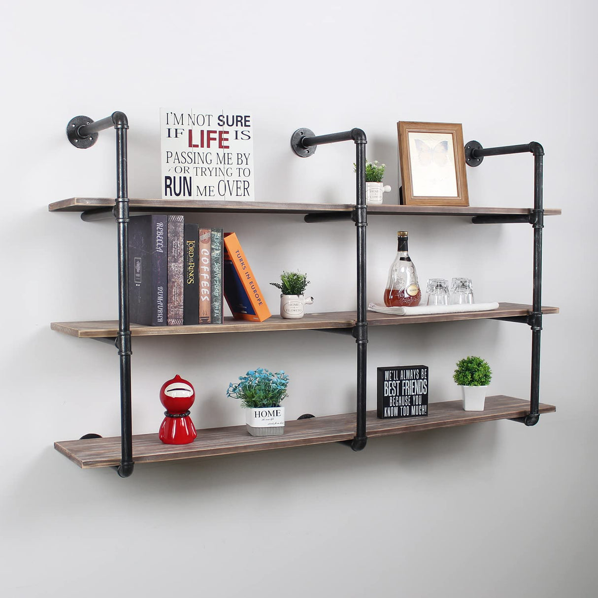 Industrial Pipe Shelving Wall Mounted,63in Rustic Metal Floating Shelves,Steampunk Real Wood Book Shelves,Wall Shelf Unit Bookshelf Hanging Wall Shelves,Farmhouse Kitchen Bar Shelving(3 Tier) MBQQ