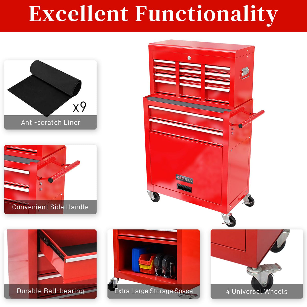 WTRAVEL High Capacity Rolling Tool Chest with 8-Drawer Tool Box on Wheels Multifunctional Tool Cart Mechanic Tool Storage Cabinet for Garage, Warehouse, Workshop, Repair Shop (Red) WTRAVEL