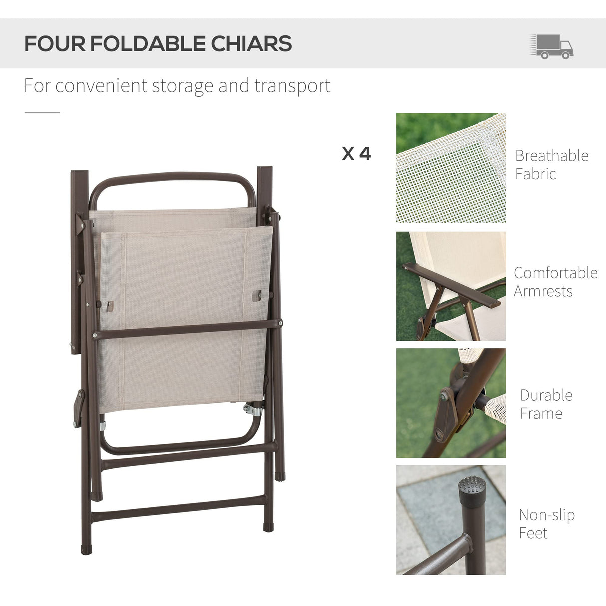 Outsunny 6 Piece Patio Dining Set for 4 with Umbrella, Outdoor Table and Chairs with 4 Folding Dining Chairs & Round Glass Table for Garden, Backyard and Poolside, Beige Outsunny