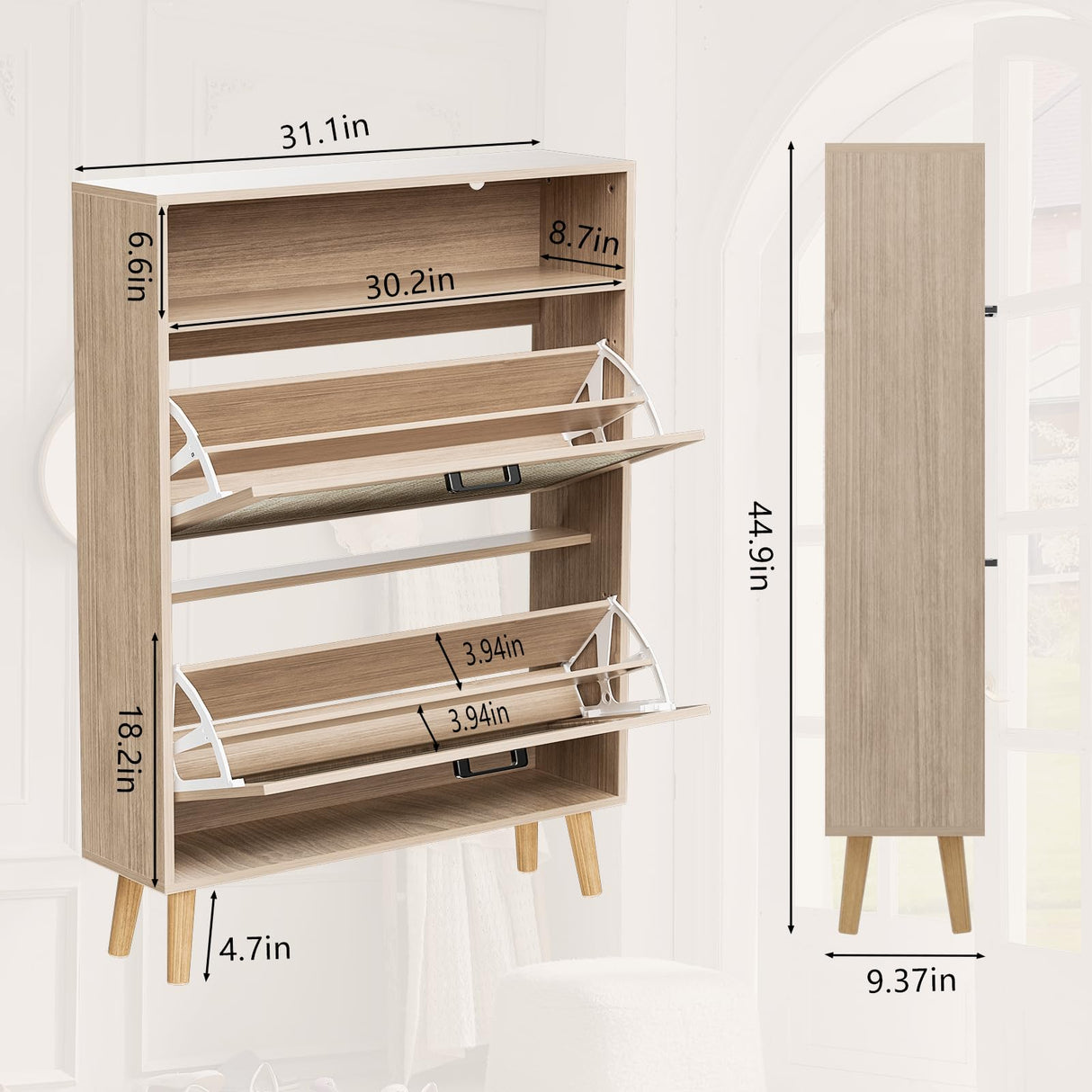 VECHOLL Rattan Shoe Cabinet with 2 Flip Drawers Freestanding Shoe Storage Cabinet for Entryway Slim Hidden Shoe Cabinet with Open Shelf Boho Shoe Rack Cabinet for Hallway, Natural Oak VECHOLL
