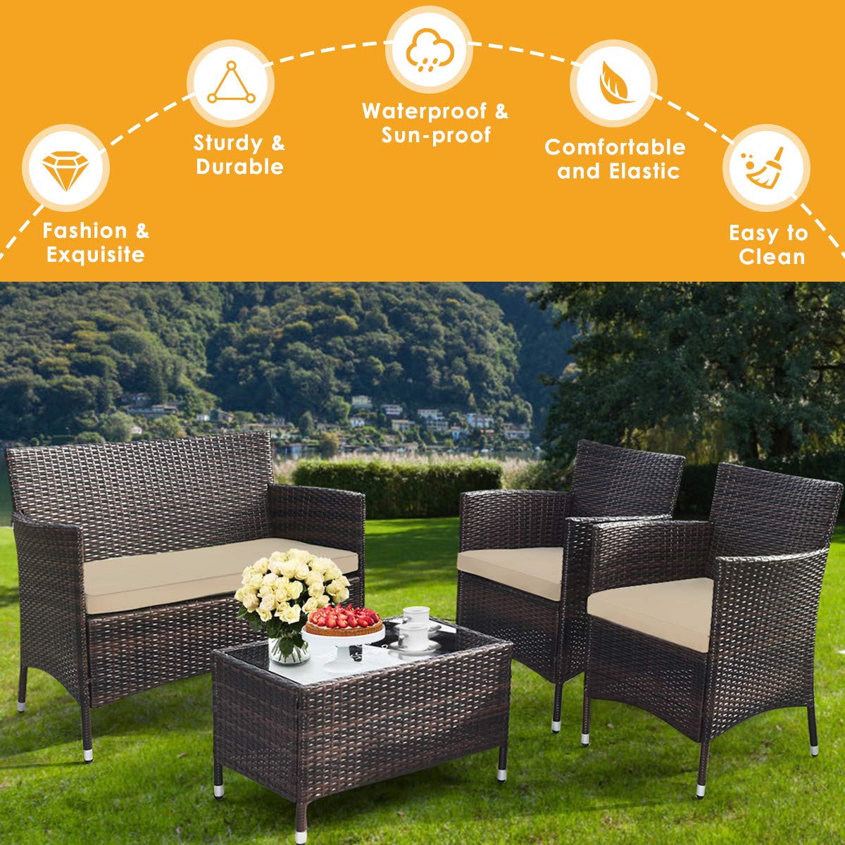 Goplus 4-Piece Rattan Patio Set, Outdoor/Indoor Wicker Conversation Set for Pool, Backyard, Lawn, Wicker Chairs and Sofa with Soft Cushion, Rattan Furniture with Tempered Glass Coffee Table Goplus