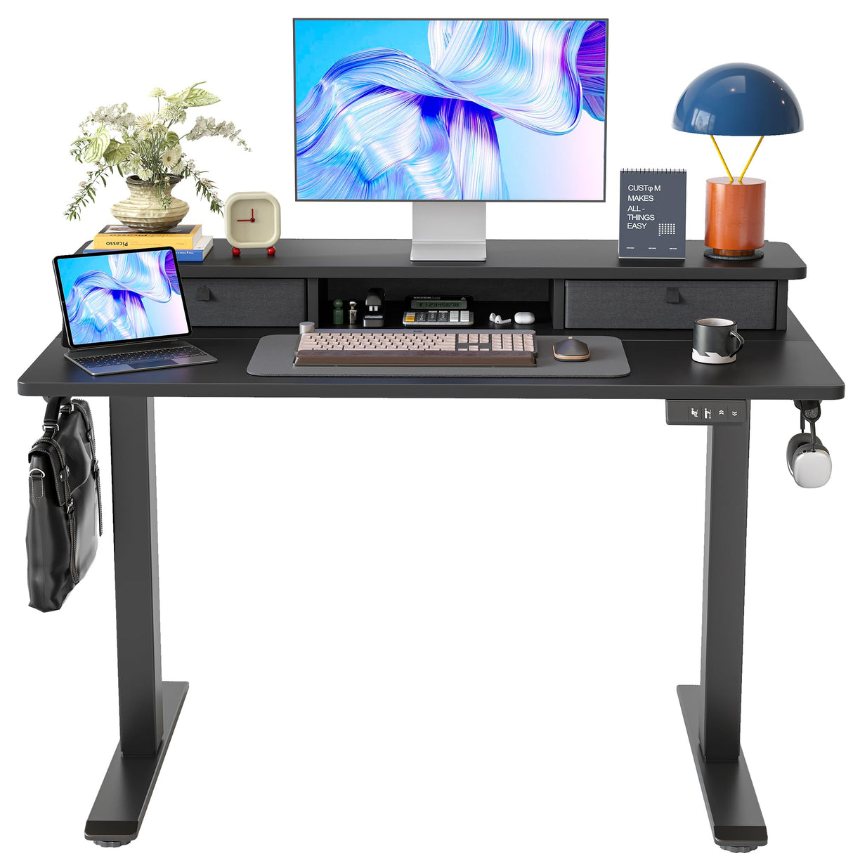 TIQLAB 48 * 24 Inch Standing Desk with Two Drawers, Stand Up Desk Adjustable Height, Electric Sit Stand Table with Storage Shelf and Splice Board, Black TIQLAB