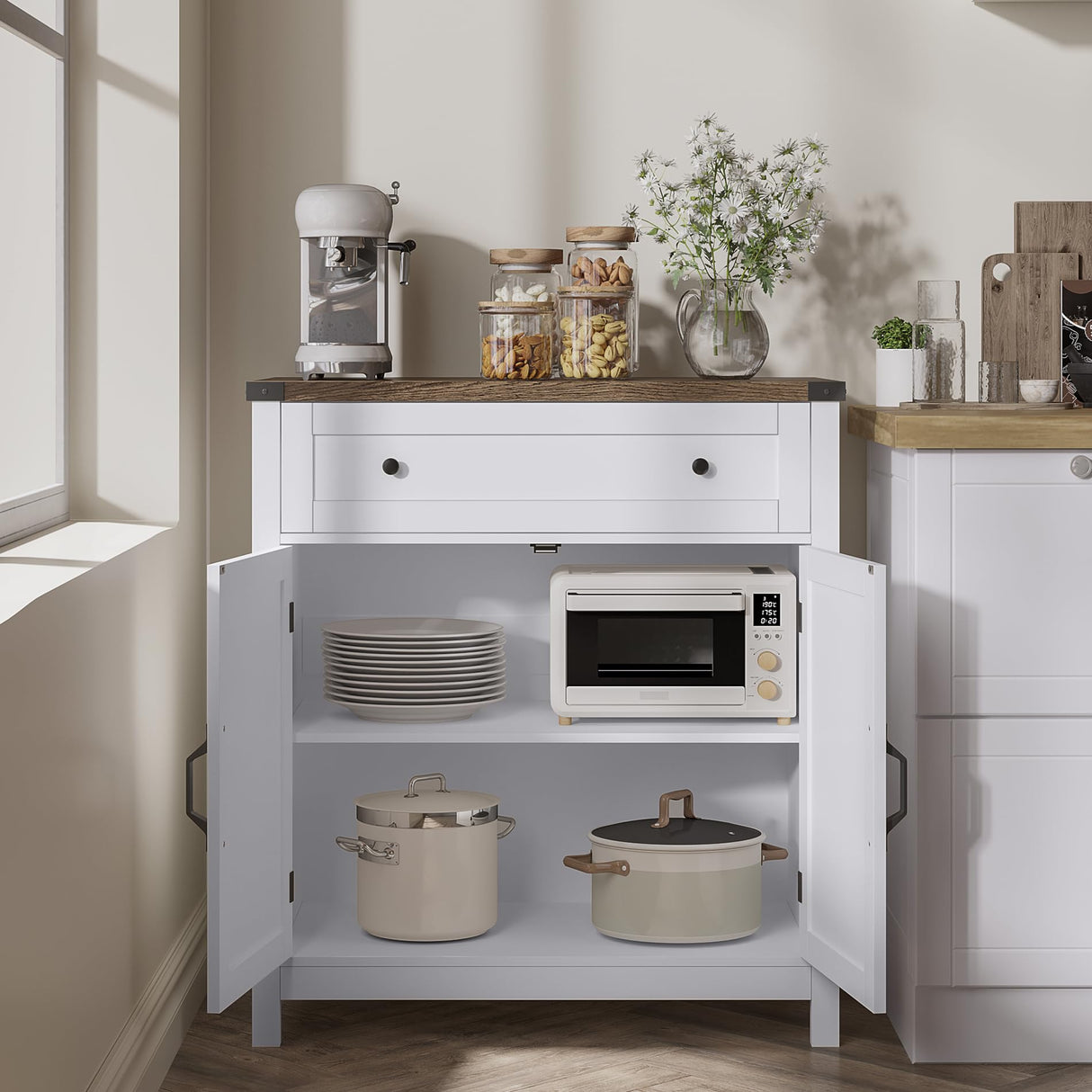 ChooChoo Kitchen Storage Cabinet, Coffee Bar Cabinet, Buffet Sideboard Cabinet with Drawer, Entryway Cabinet for Kitchen, Living Room, White ChooChoo