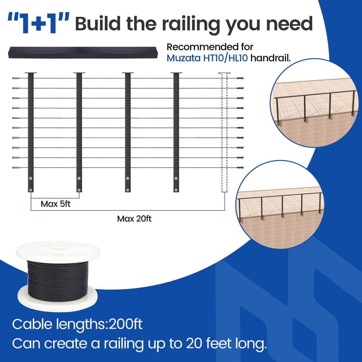 Muzata Complete Set 36" Side Mount Cable Railing Post Kit Include 4Pack Black Posts PF02, 250ft Wire Rope, Swageless Cable Railing System DIY Kit (No Handrail) RWF2 BH4S Muzata