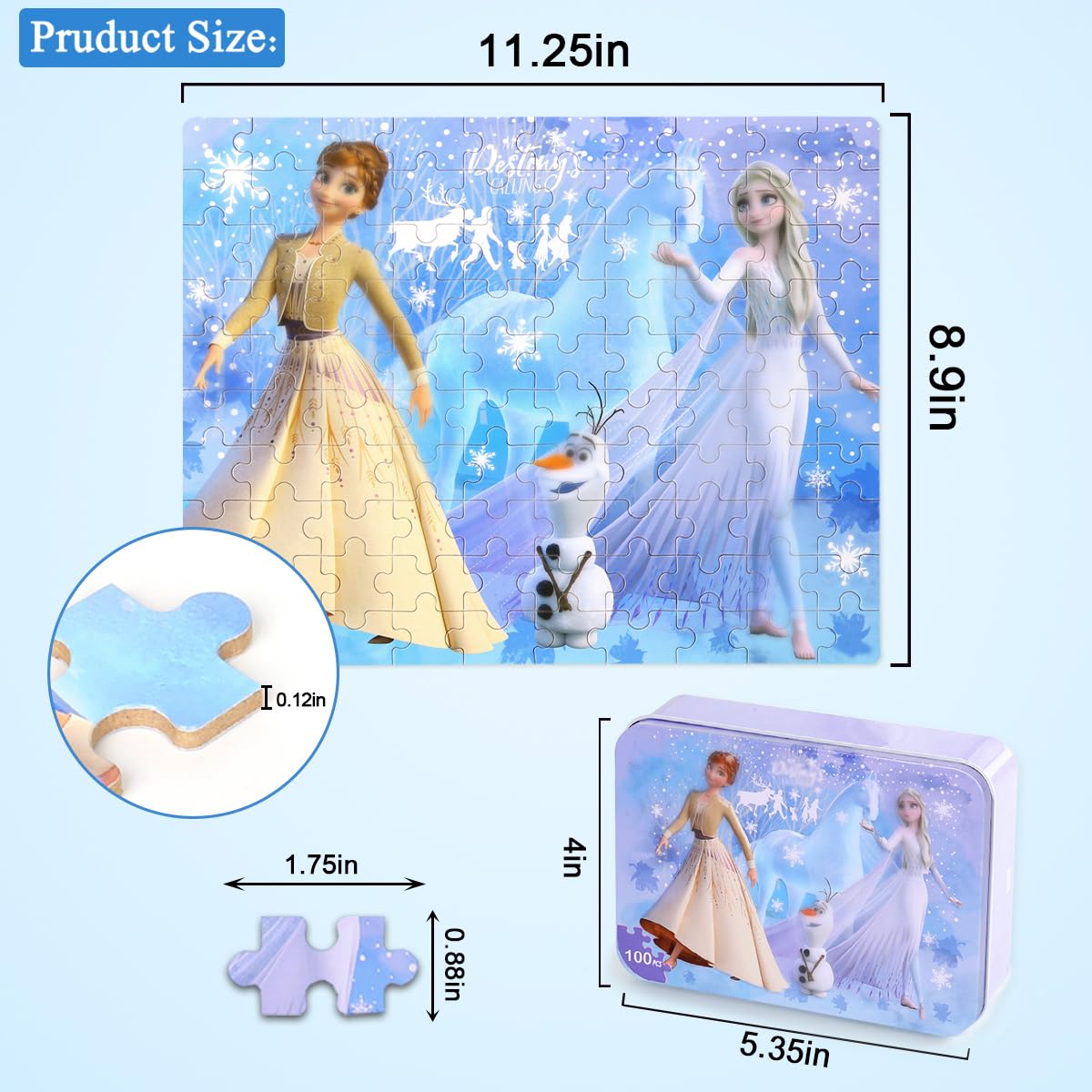 Puzzles for Kids Ages 4-8,Kids Puzzles in a Metal Box,Winter Princess Puzzles,Children Boys Girls Learning Educational Puzzles Packed in Tin Box,100 Pieces wieewg