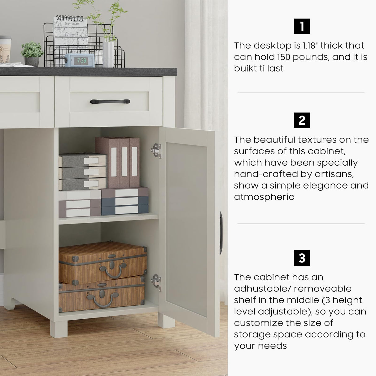 Farmhouse 47" Executive Desk, Computer Desk with Drawers and Storage Cabinet, Workstation Computer Desk for Home Office, Study. Vabches