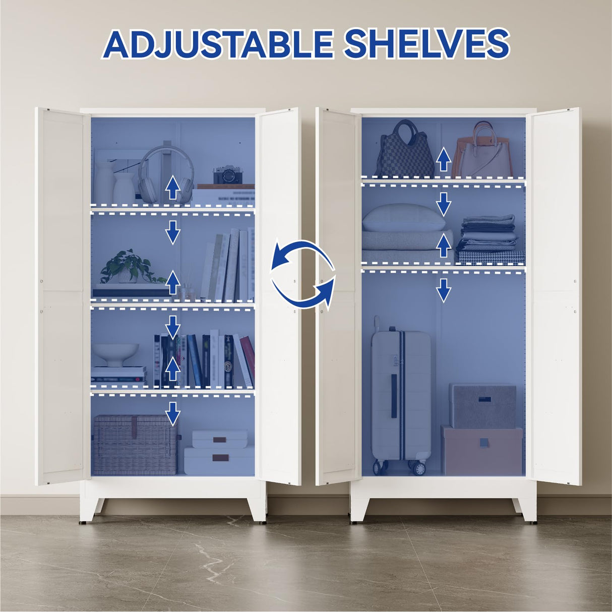 COFaR Metal Storage Cabinet, 61 in Tall Metal Cabinet with 3 Adjustable Shelves and Barn Doors, Farmhouse Accent Cupboard for Garage Kitchen Pantry Office Laundry, White 4 Tiers COFaR