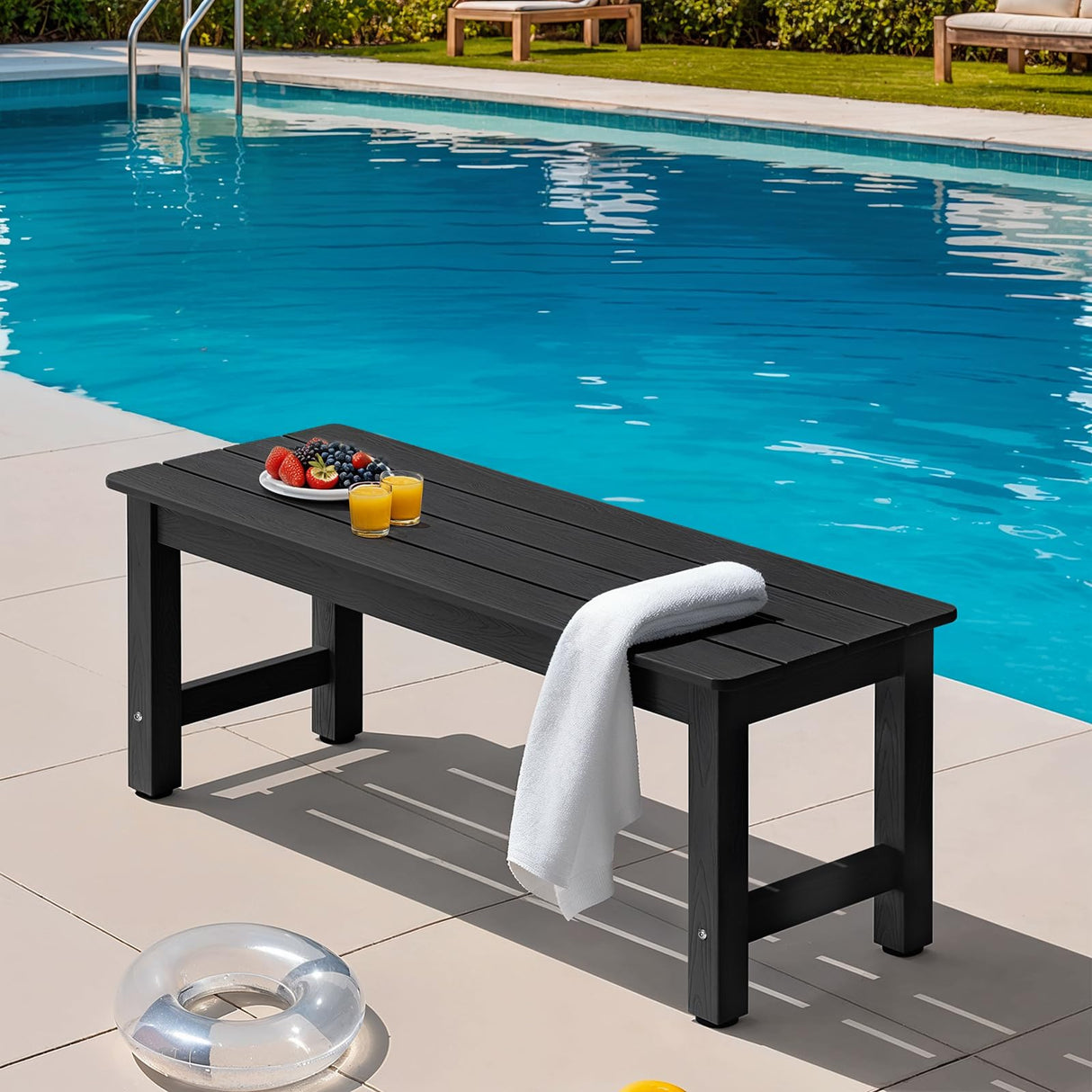 ONBRILL Outdoor Bench, 2-Person Poly Lumber Garden Bench, All-Weather Patio Bench Will not Rot and Fade for Garden, Porch, Backyard and Park, Easy Installation, Black ONBRILL