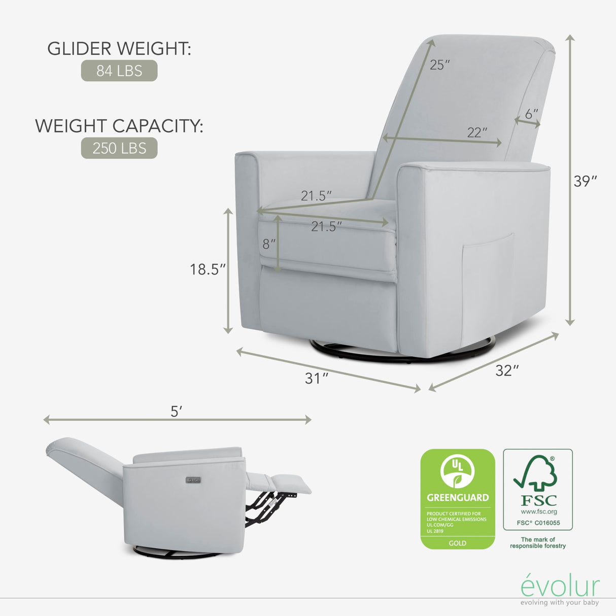 Evolur Harlow Deluxe Upholstered Plush Seating Glide Rocker, Swivel, Power Recliner with USB Port, Greenguard Gold Certified, Glider Chair for Nursery in Misty Grey Evolur