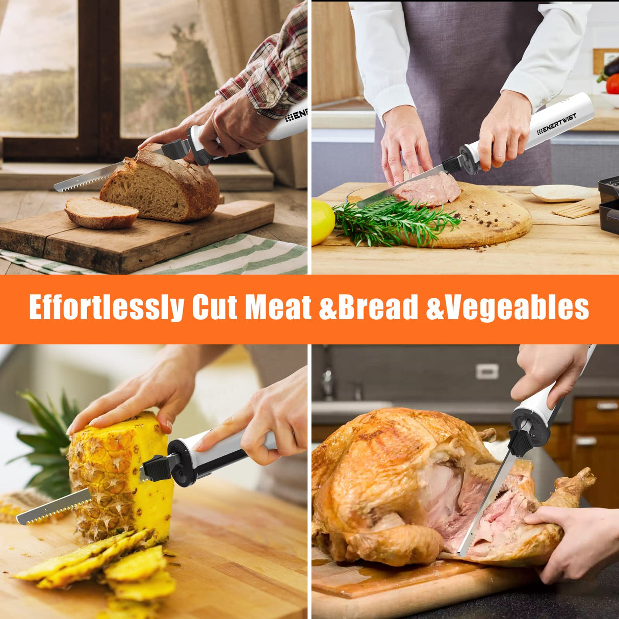 ENERTWIST Cordless Rechargeable Electric Knife 1S Quick Start One-Hand Operation with 4 Stainless Steel Blades and Safety Lock Button, Carving Bread, Meats, Turkey, Crafting Foam ENERTWIST