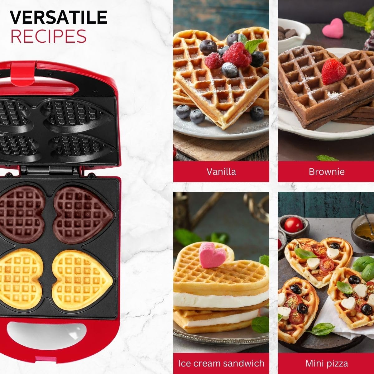 Holstein Housewares - Non-Stick Heart Waffle Maker, Red - Makes 4 Heart-Shaped Waffles in Minutes Holstein Housewares