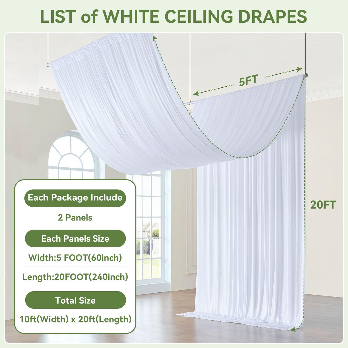 gogoparti 10x20ft White Ceiling Curtain Panels for Wedding, 2 Panels 5ftx20ft Party Wrinke Free Long Canopy Draping for Tent, Polyester White Ceiling Drapes for Birthday Event Decoration gogoparti