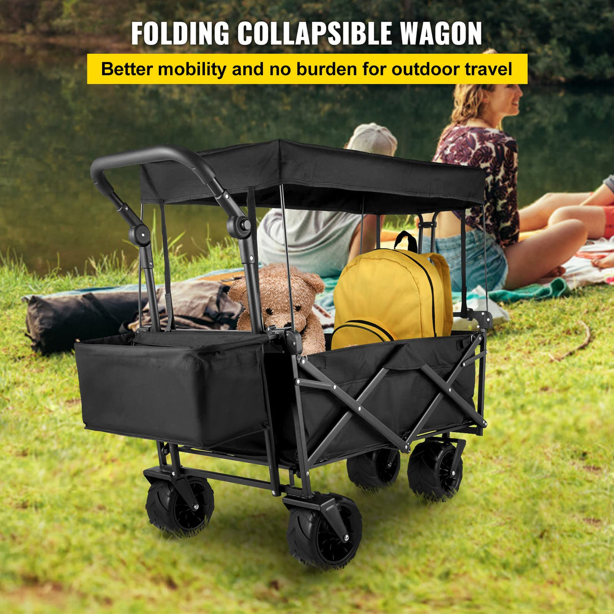 Happbuy Extra Large Collapsible Garden Cart with Removable Canopy, Folding Wagon Utility Carts with Wheels and Rear Storage, Wagon Cart for Garden, Camping, Grocery Cart, Shopping Cart, Black Happybuy