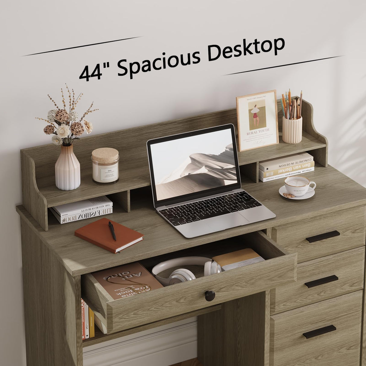 4 EVER WINNER Computer Desk with Drawers, Farmhouse Home Office Desk with Monitor Stand and File Drawer, Wood Simple PC Desk with Storage, Writing Desk for Bedroom, Grey 4 EVER WINNER