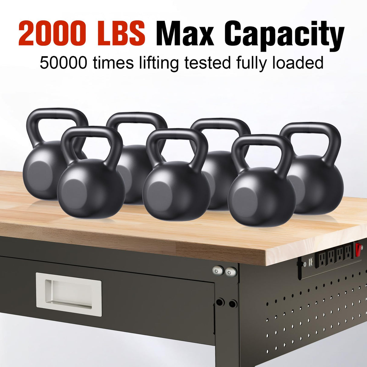 MUWOOD 60" Workbench with Drawers, Work Benches for Garage with Strip Light, Adjustable Work Table with Large Pegboard, 2000 LBS Heavy Duty Table with Power Outlet Rubber Wood for Garage, Office MUWOOD