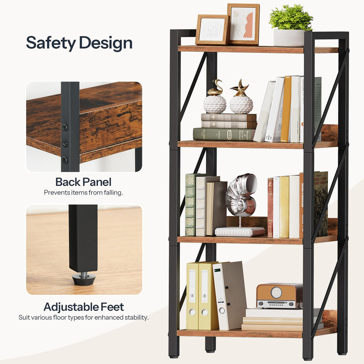 HOOBRO Bookshelf, 4-Tier Industrial Bookcase, Book Shelf Storage Organizer, Small Bookshelf with Metal Frame for Living Room, Bedroom, Home Office, Kitchen, Rustic Brown and Black BF40SJ01 HOOBRO