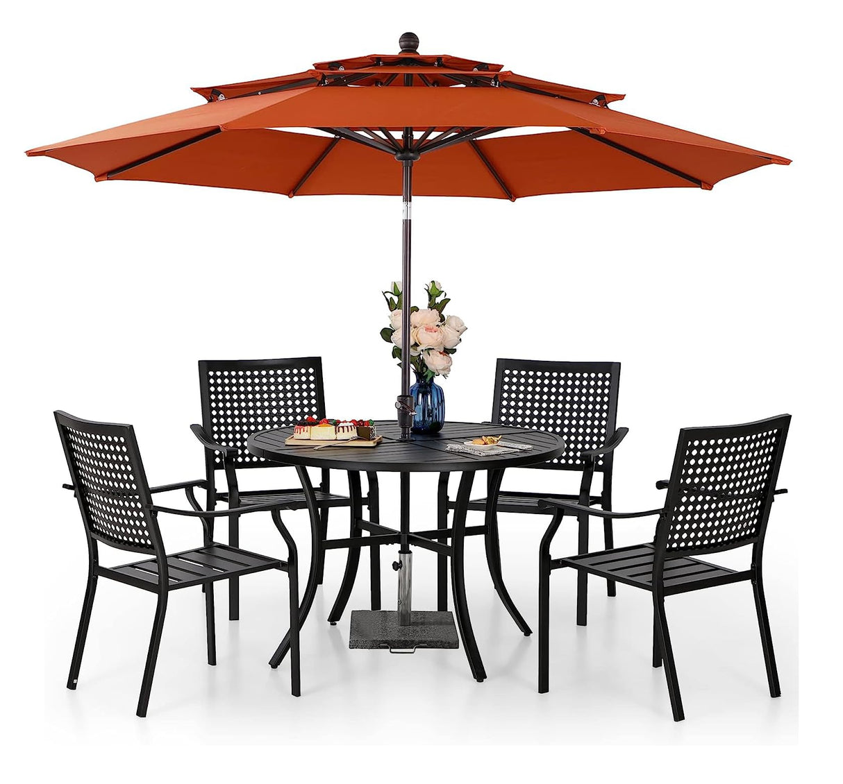 PHI VILLA 5 Pieces Patio Dining Set with 10ft Patio Umbrella, Metal Patio Circle Table Outdoor Stackable Wrought Iron Chair Set of 4 & 42" Large Round Dining Table,3 Tier Vented Orange Red Umbrella PHI VILLA