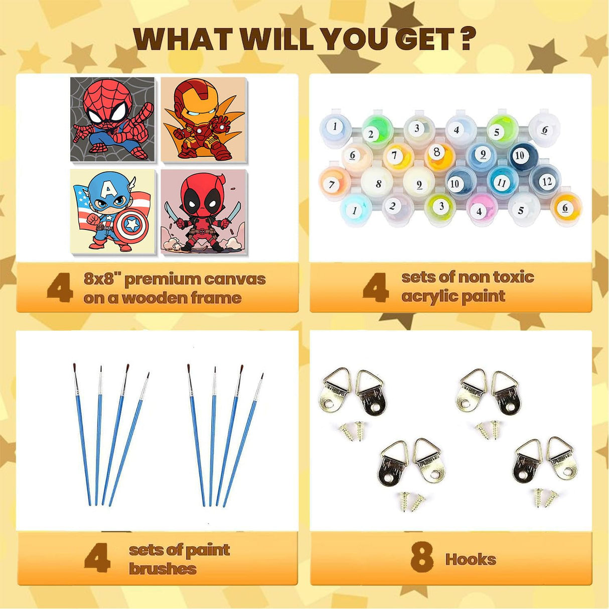 Sretoul 4 Pack Paint by Numbers Kit for Kids with Frame- Cartoon Painting Kits for Kids Ages 4-8, Cartoon Paint by Numbers with Frame 8x8 Inch Sretoul