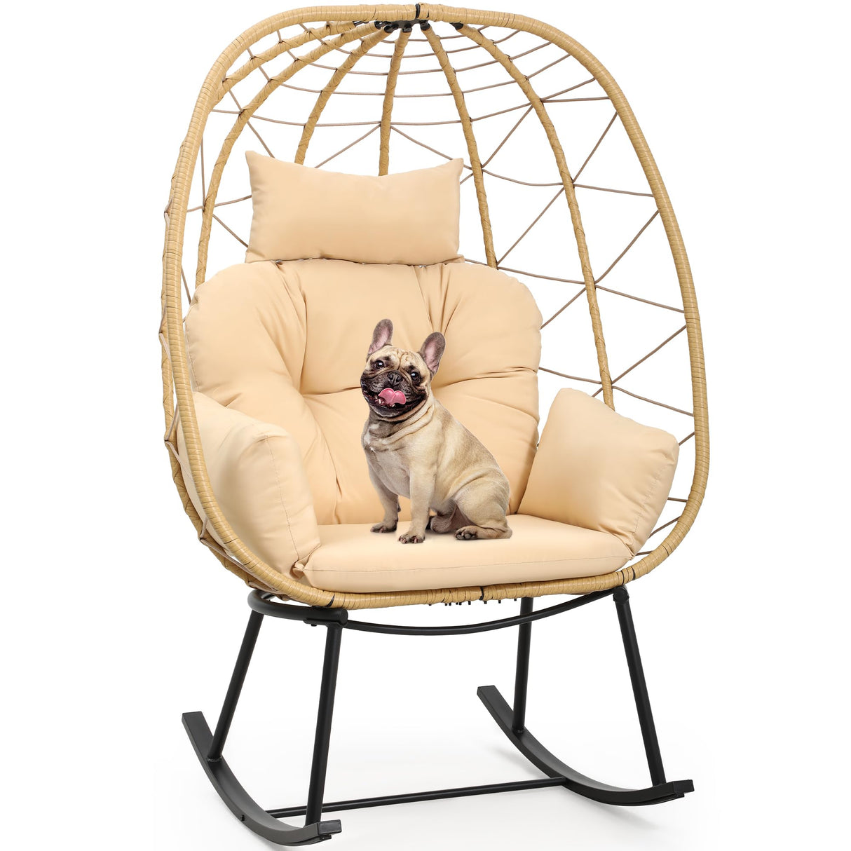 YITAHOME Wicker Rocking Egg Chair, Outdoor Patio Rocking Chair with Cushioned Comfort, 330lb Capacity, Anti-Slip, All-Weather Resilient Egg Lounger Chair for Indoor & Outdoor Relaxation Spaces, Beige YITAHOME