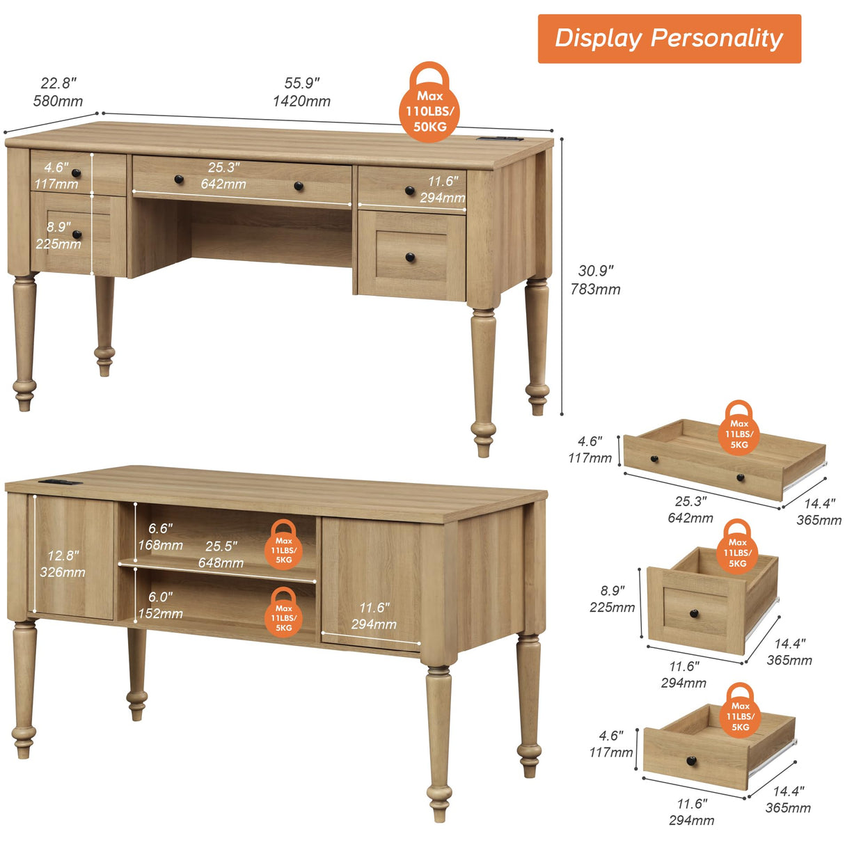 WAMAPT Farmhouse Executive Desk with 5 Drawers, Home Office Desk with Charging Station, Wood Computer Desk with File Cabinet Storage, Door, Open Shelf for Work and Study, Oak, 55 inch WAMPAT