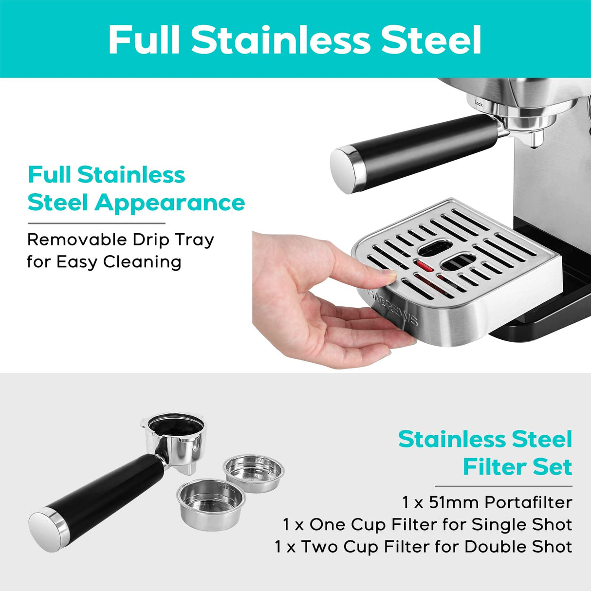 CASABREWS Espresso Machine 20 Bar, Stainless Steel Cappuccino & Latte Machine with Steam Frother for Home, 49oz Water Tank, Silver CASABREWS