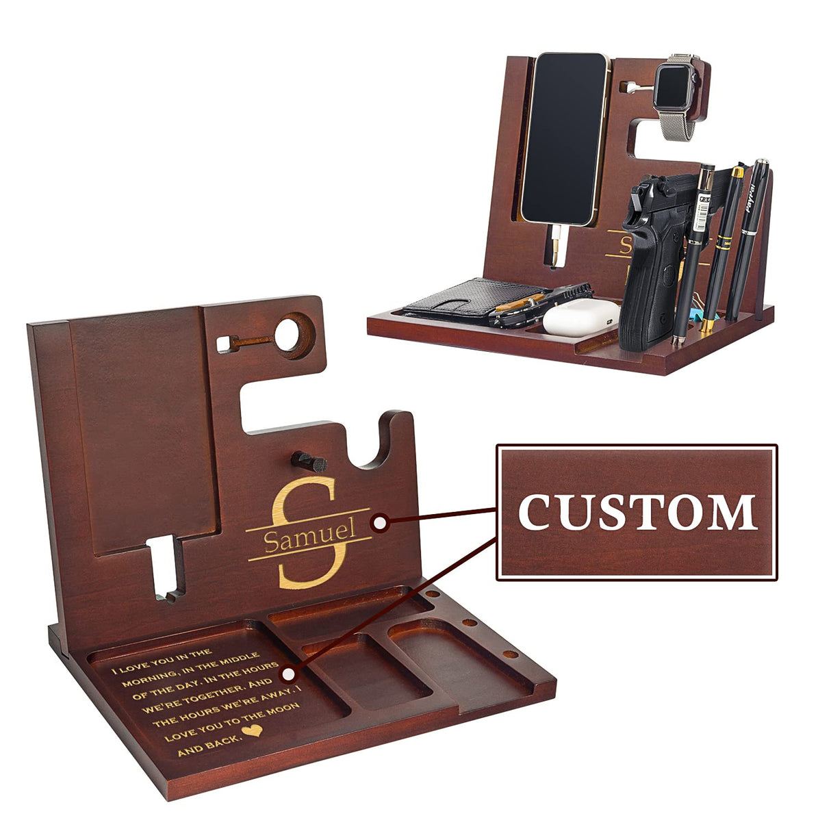 Police Officer Wood Docking Station, Nightstand Organizer for Men with Gun Holder, Pistol Rack, Phone Stand, iWatch Charging, Ring Holder, Pen Slot - Gifts for Police Officer, Husband, Boyfriend, Dad awofer