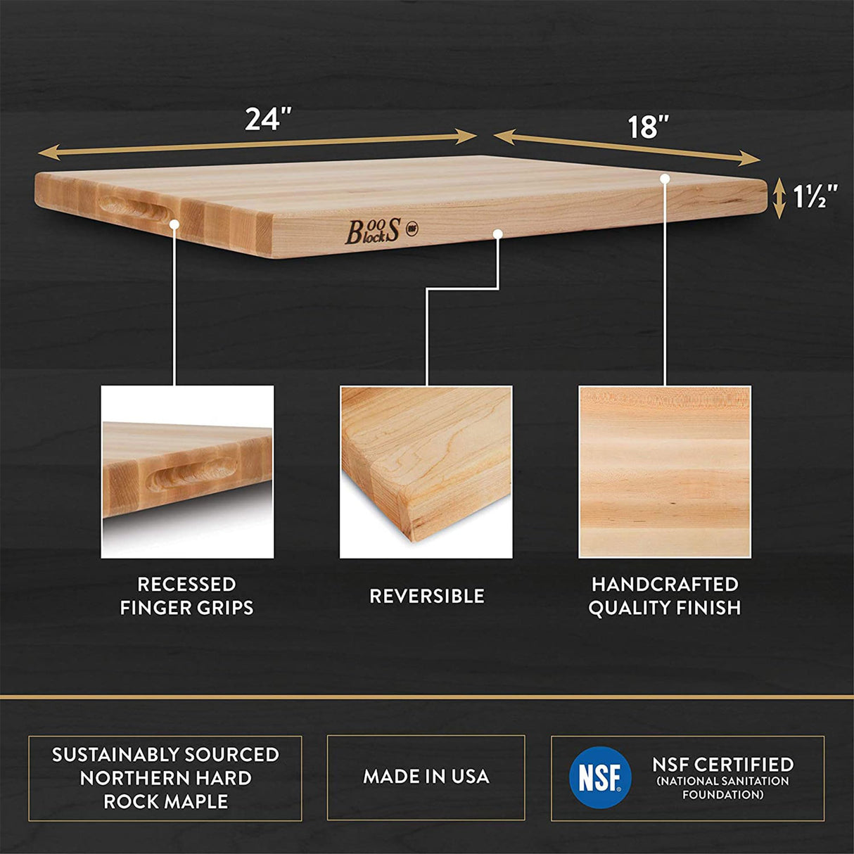 John Boos Large Maple Wood Cutting Board for Kitchen Prep, Rectangular Charcuterie, 24" x 18" x 1.5" 1.5 Inch Thick, Edge Grain, Reversible Boos John Boos