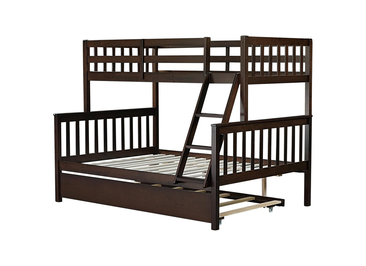 PVWIIK Twin Over Full Bunk Bed with Trundle & Ladder & Safety Guardrail,Solid Wood Bunk Bed for Kids Adults Teens Bedroom,Convertible to 2 Separated Bed,No Box Spring Needed,Easy Assembly, Espresso PVWIIK