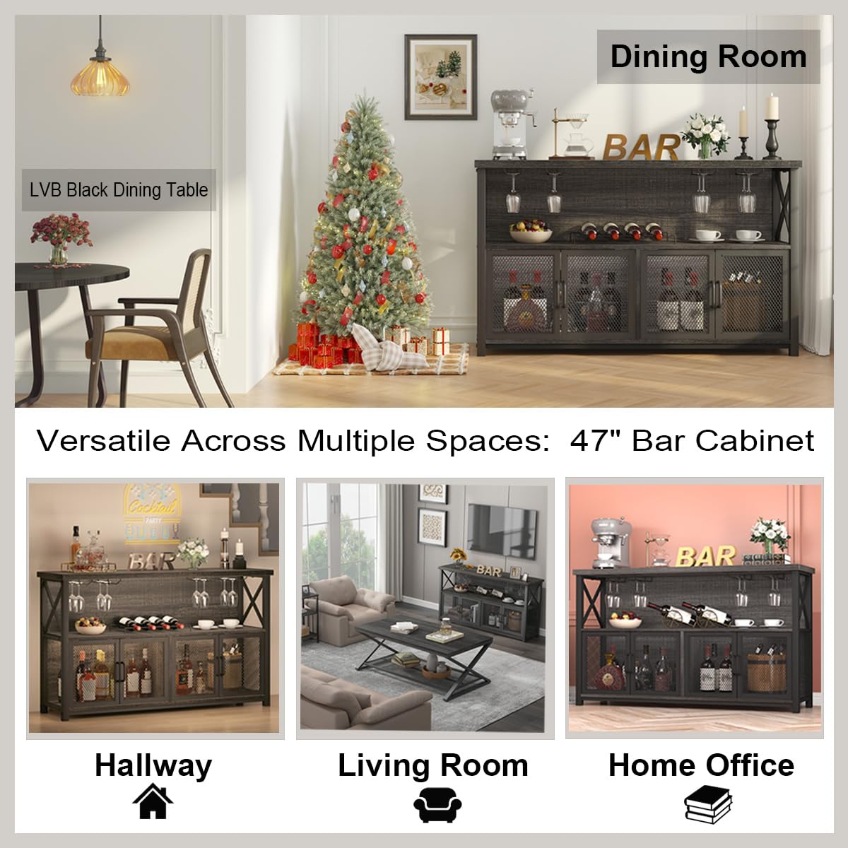 LVB Industrial Dark Gray Oak Wine Bar Cabinet with Storage Rack and Glass Holders LVB