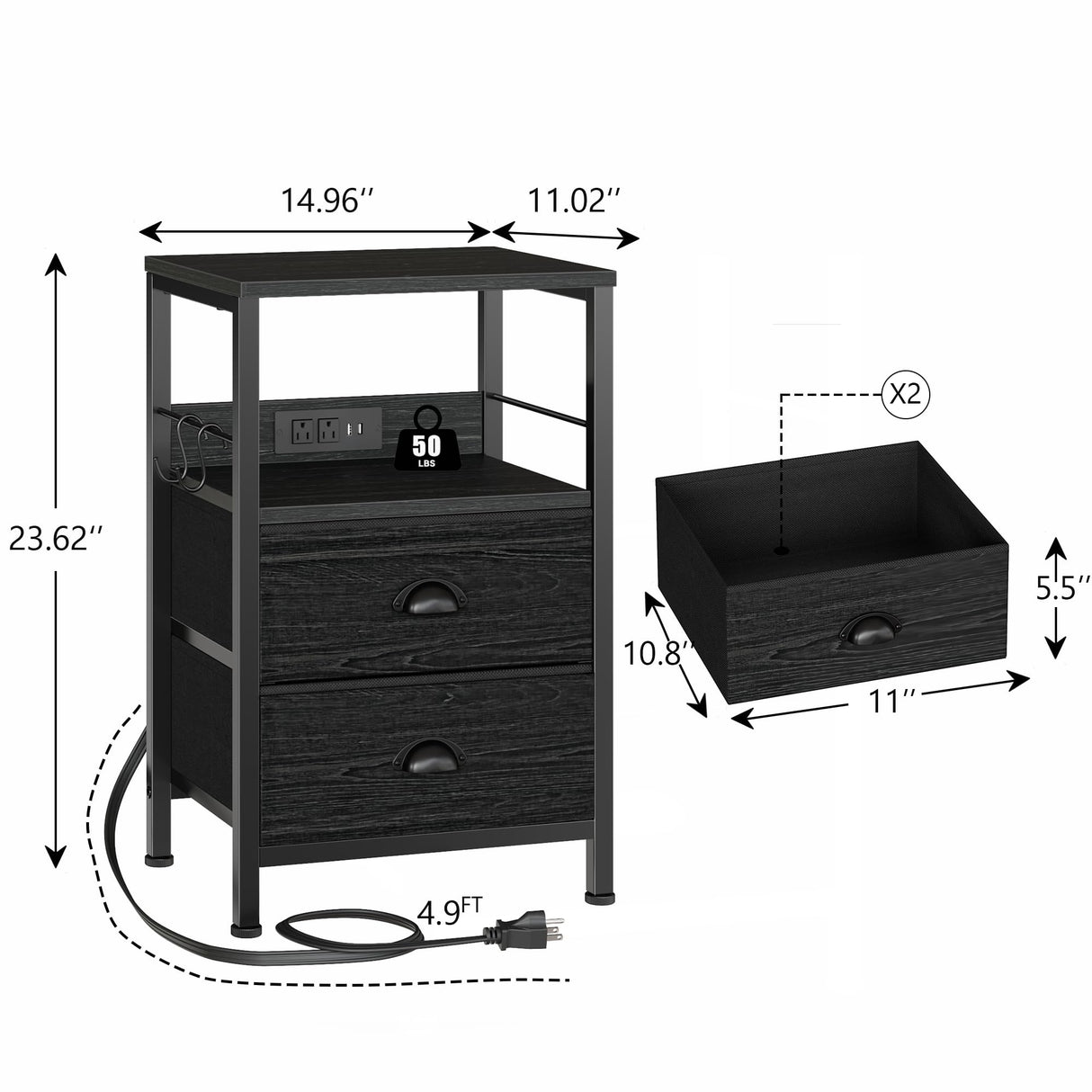 Furologee Nightstand Set of 2, Black Oak, with Charging Station and USB Ports, Side Tables with 2 Fabric Drawers, Bedside Tables with Storage Shelf & Hooks, for Living Room/Bedroom Furologee