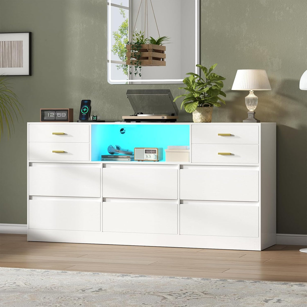 Loomie 10 Drawer White Dresser with Charging Station & Led Lights for Bedroom, 58" Long Triple Wide Dresser TV Stand for TVs up to 65", Large Dressers Organizer with Open Cubby, Wide Chest of Drawer Loomie