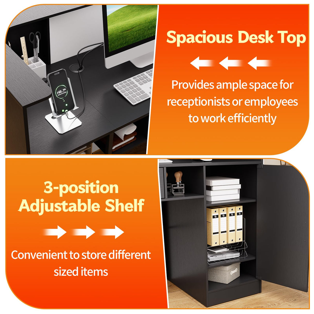 PAKASEPT Modern Reception Desk with LED Lights, 63 Inches Front Counter Table with Lockable Drawer & Shelves, Checkout Counter for Reception Room, Lobby, Beauty Salon (Black) (Black) PAKASEPT