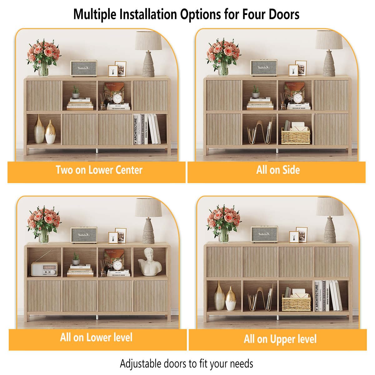 FATORRI 8 Cube Bookshelf with 4 Doors, Modern Mid Century Wood Book Shelf with Storage, Low Horizontal Cubby Bookcase for Home Office (Light Walnut) FATORRI