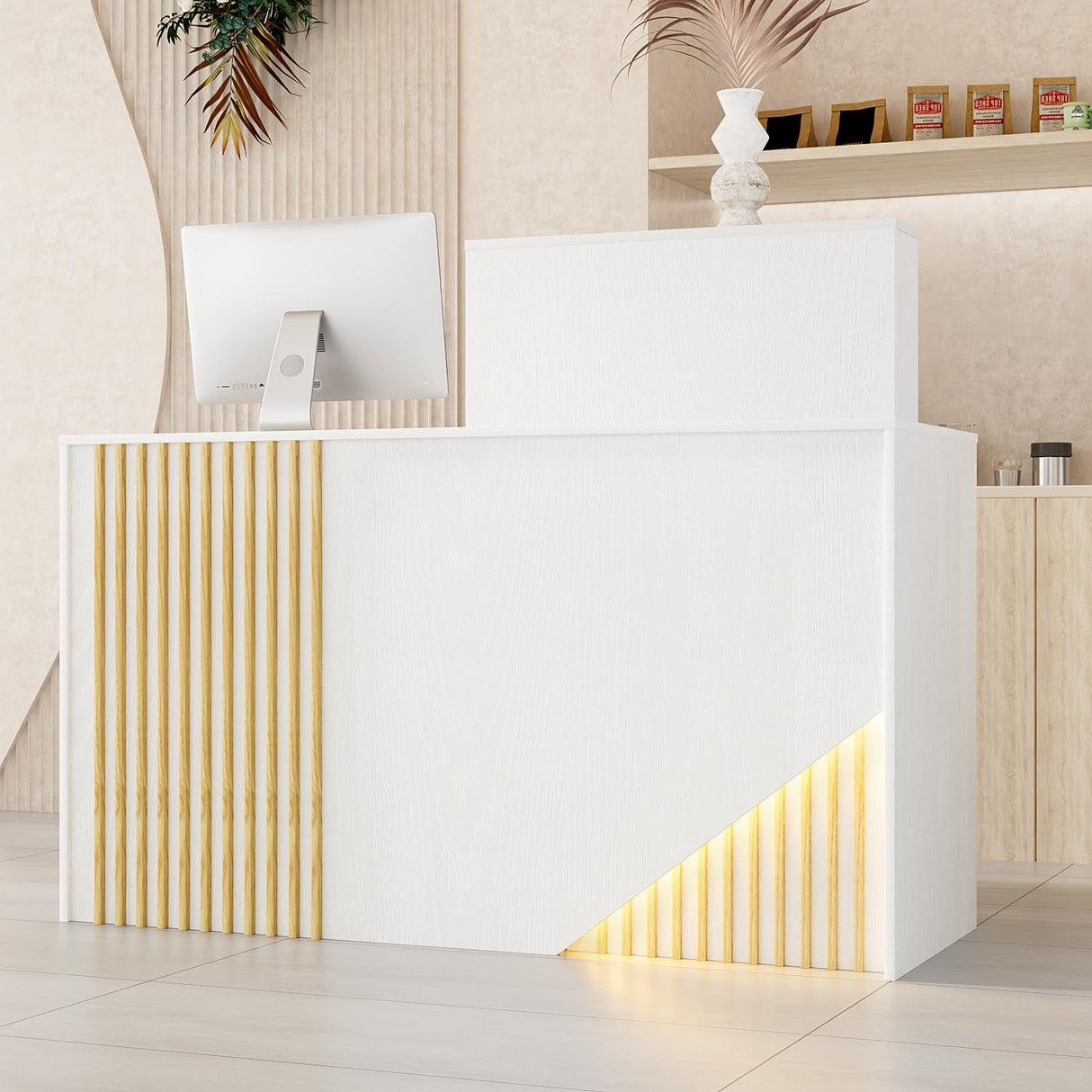 TUSY Small Reception Desk with Counter, 39.4" H Front Desk with Storage Drawers, Reception Counter with LED Lighting, Checkout Counter for Salon, Lobby – White (47.2" W x 18.9" D x 39.4" H) TUSY