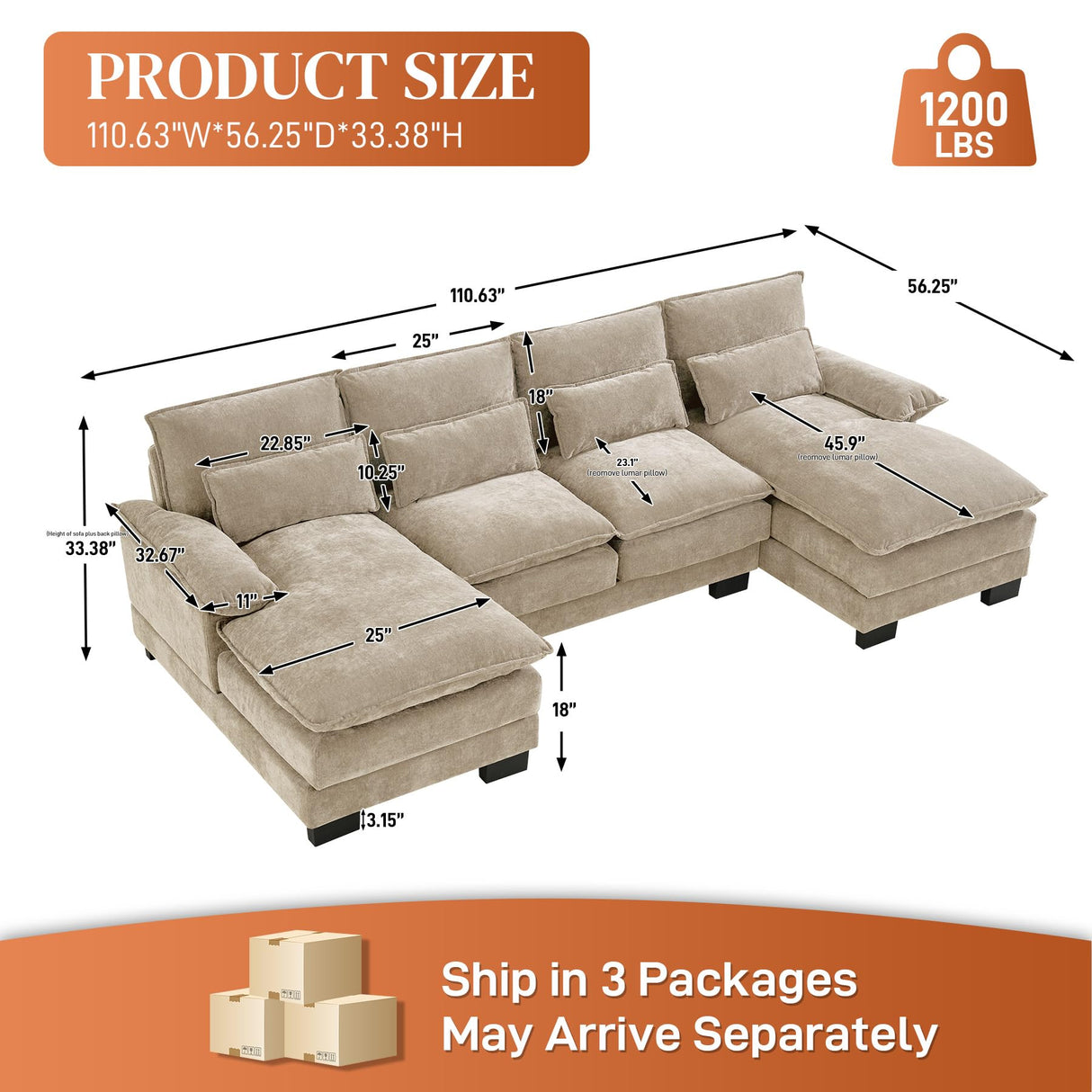 OUYESSIR 110" U Shaped Cloud Sectional Sofa with Deep Seat Cushions, Modern Comfy Chenille Couch, 4 Seater Fluffy Sectional Couches for Living Room with Double Chaise(Light Brown) OUYESSIR