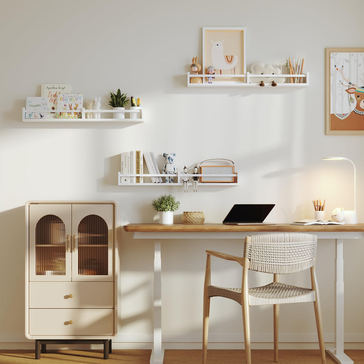 White Nursery Bookshelves,32Inch, Floating Nursery Shelves - Set of 3 - Book Shelf Organizer for Baby Nursery Room Decor, Wall Shelves for Kitchen Spice Rack, Pine Napeollor