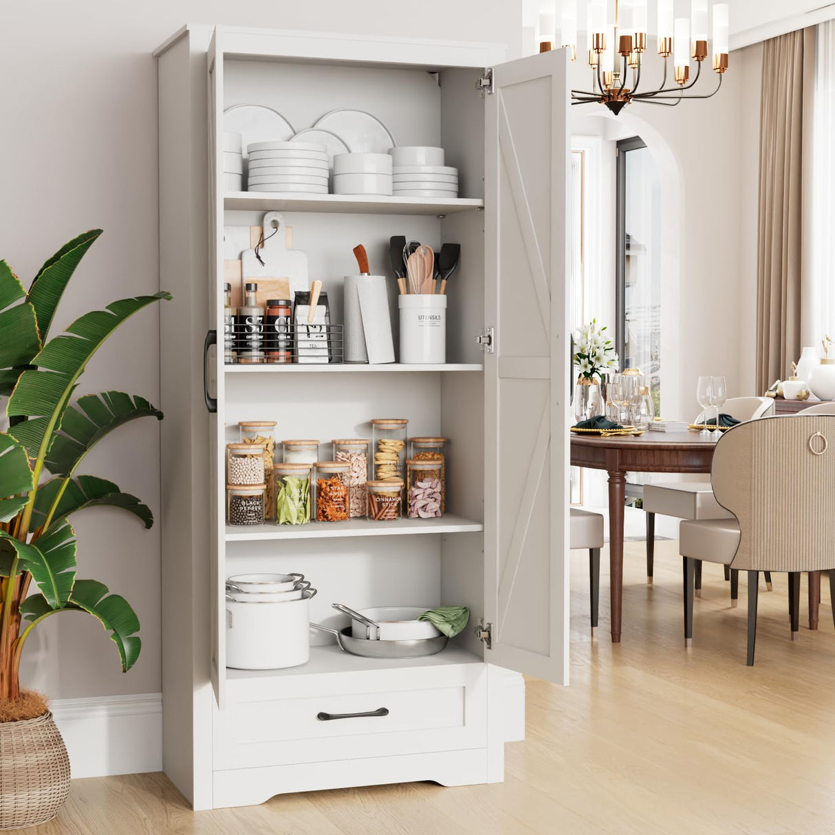 CARPETNAL 72" Tall Farmhouse Kitchen Pantry with Adjustable Shelves, Large Wood Storage Cabinet with Drawer & 2 Barn Doors, Freestanding Storage for Dining Room, Bathroom, Living Room, White, Set of 2 CARPETNAL