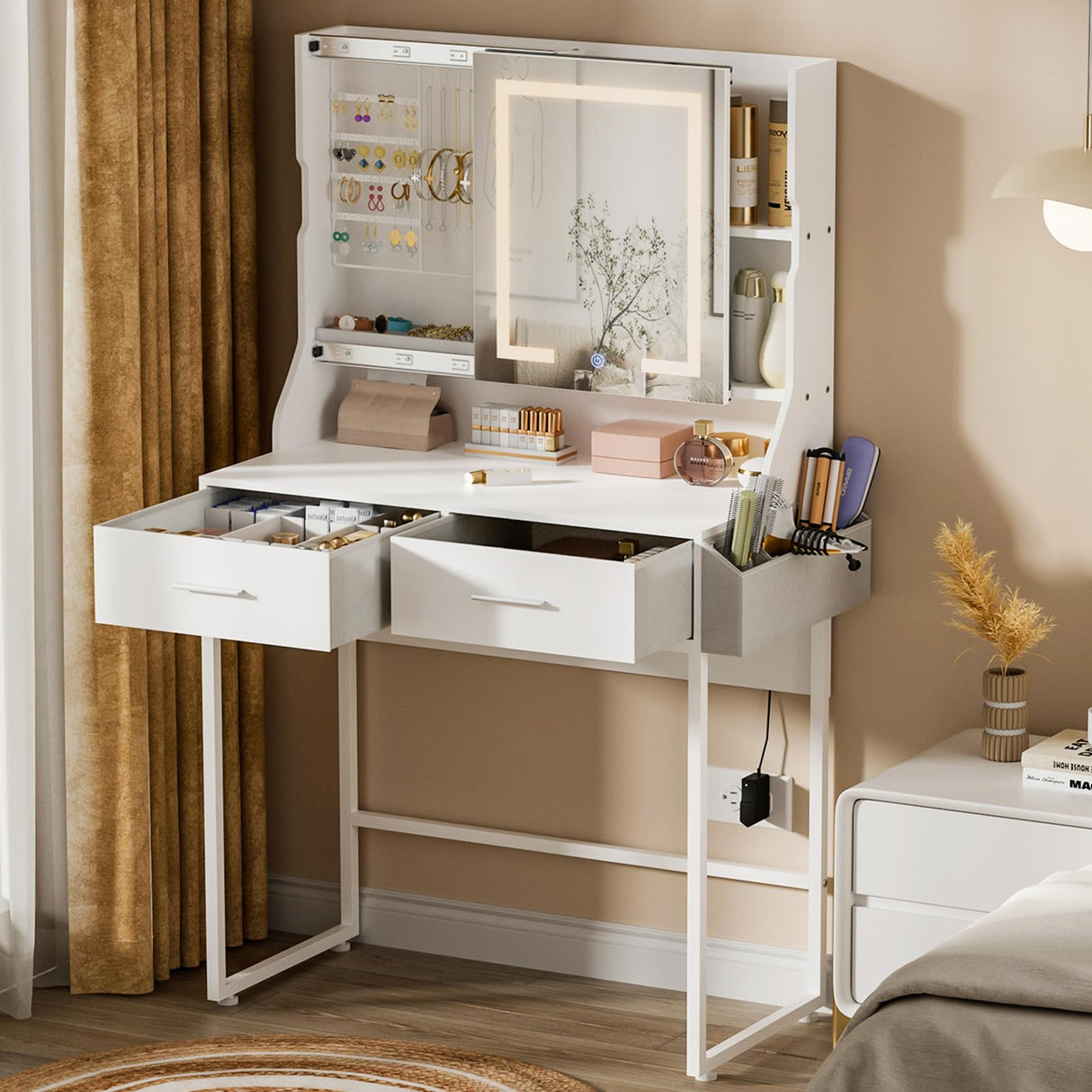 Uiithokyia White Vanity Desk, Makeup Vanity Table with Mirror LED Lights, Vanitys for Jewelry Organizer, 2 Storage Drawers, and Side Pockets Hair Tools Storage, Bedroom Vanity Table for Women, Girls Uiithokyia