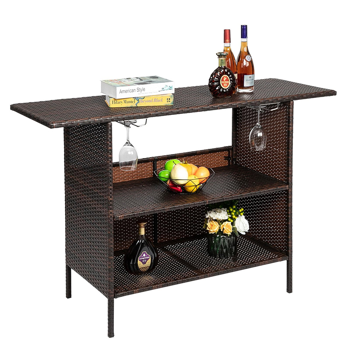 Outvita Patio Rattan Bar Table, Wicker Counter bar Table with 2 Layer Shelves and Wine Racks for Poolside, Backyard, Garden, Porches Brown Outvita